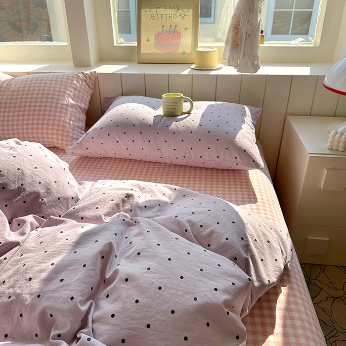 91家纺网 家纺一手货源 找家纺 冕悠家纺 2025新款少女心超柔加厚混搭格子水洗棉单品被套 紫点+粉格