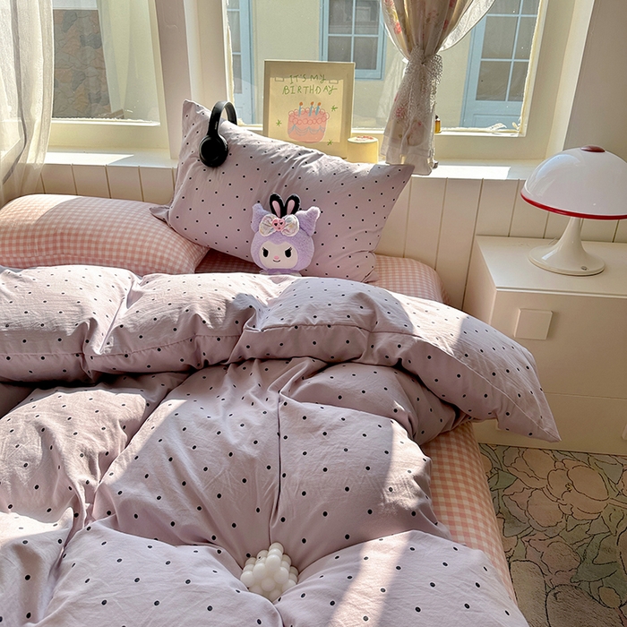 91家纺网 家纺一手货源 找家纺 冕悠家纺 2025新款少女心超柔加厚混搭格子水洗棉单品被套 紫点+粉格