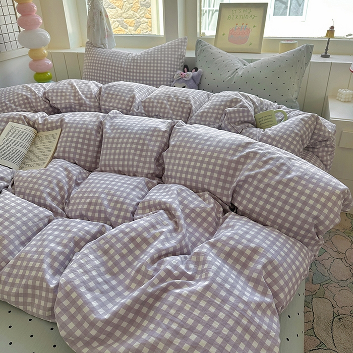 91家纺网 家纺一手货源 找家纺 冕悠家纺 2025新款少女心超柔加厚混搭格子水洗棉单品被套 紫格+蓝点