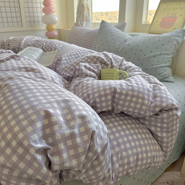 91家纺网 家纺一手货源 找家纺 冕悠家纺 2025新款少女心超柔加厚混搭格子水洗棉单品被套 紫格+蓝点