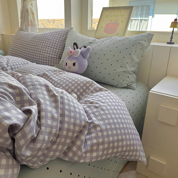 91家纺网 家纺一手货源 找家纺 冕悠家纺 2025新款少女心超柔加厚混搭格子水洗棉单品被套 紫格+蓝点