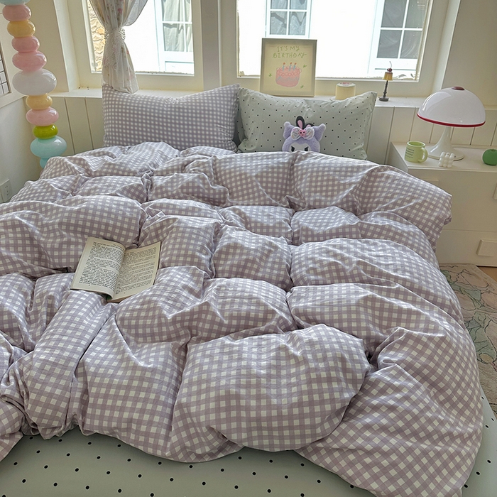 91家纺网 家纺一手货源 找家纺 冕悠家纺 2025新款少女心超柔加厚混搭格子水洗棉单品被套 紫格+蓝点