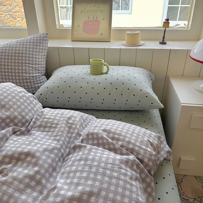 91家纺网 家纺一手货源 找家纺 冕悠家纺 2025新款少女心超柔加厚混搭格子水洗棉单品被套 紫格+蓝点