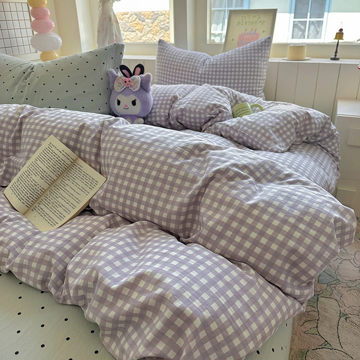 91家纺网 家纺一手货源 找家纺 冕悠家纺 2025新款少女心超柔加厚混搭格子水洗棉单品被套 紫格+蓝点