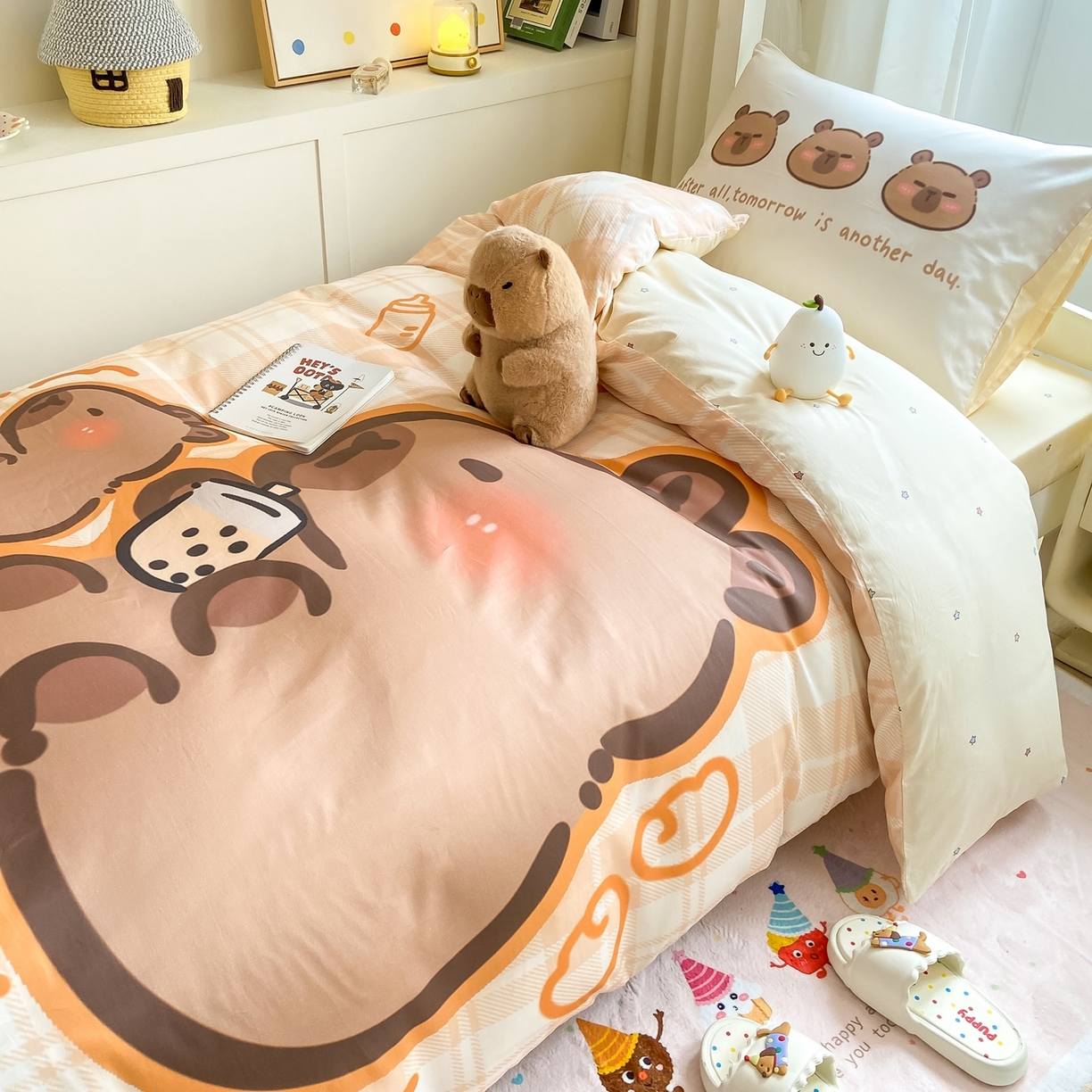 91家纺网 家纺一手货源 找家纺 博雅2025新款卡皮巴拉全棉学生宿舍套件三件套多件套 可爱卡皮巴拉