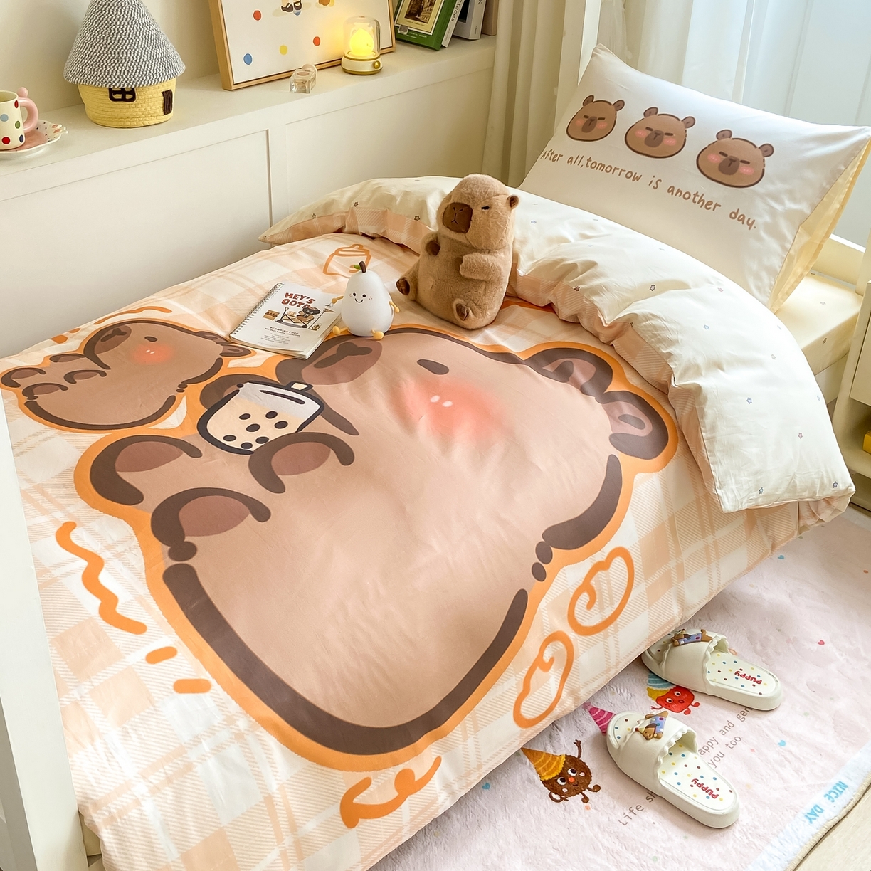 91家纺网 家纺一手货源 找家纺 博雅2025新款卡皮巴拉全棉学生宿舍套件三件套多件套 可爱卡皮巴拉