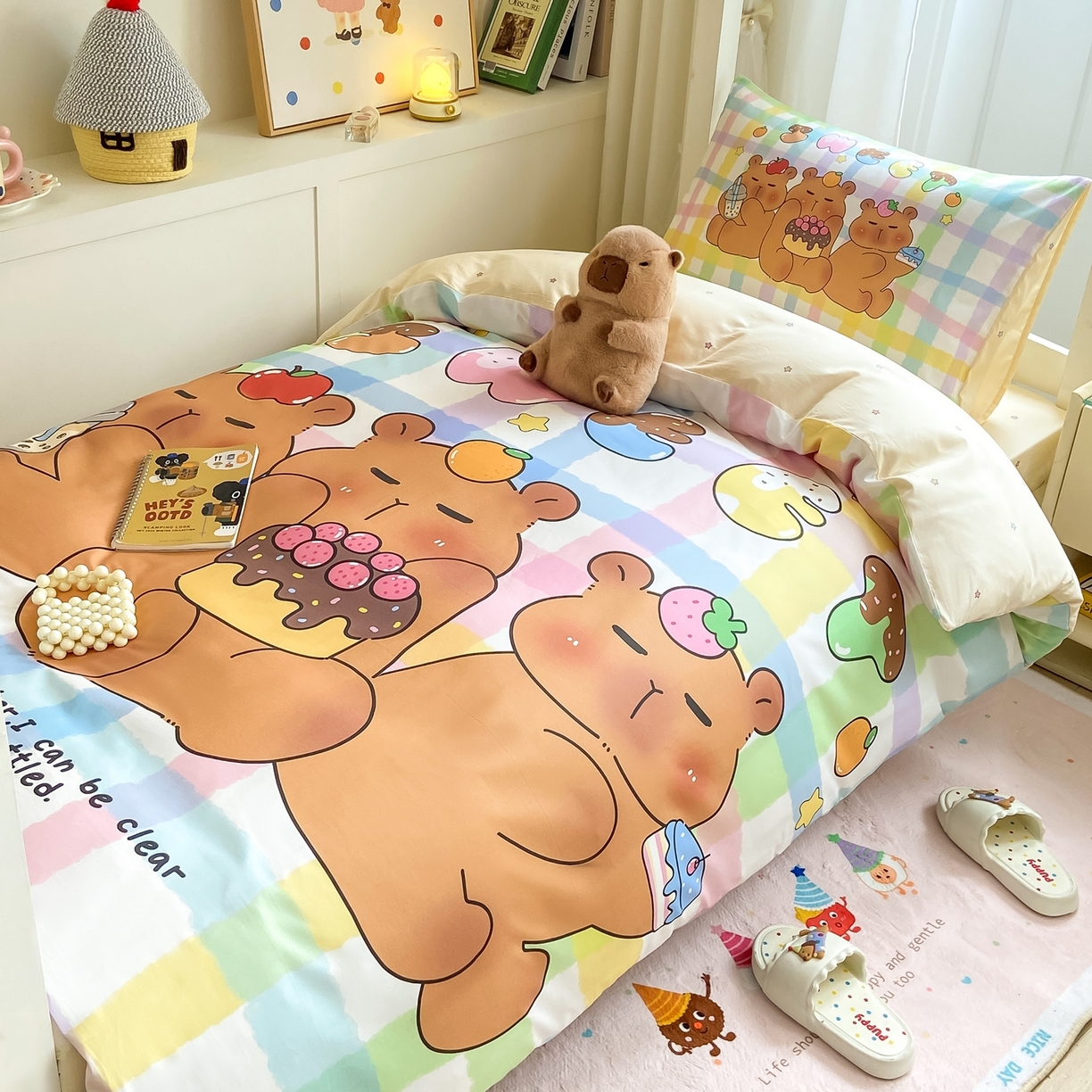 91家纺网 家纺一手货源 找家纺 博雅2025新款卡皮巴拉全棉学生宿舍套件三件套多件套 蛋糕卡皮巴拉