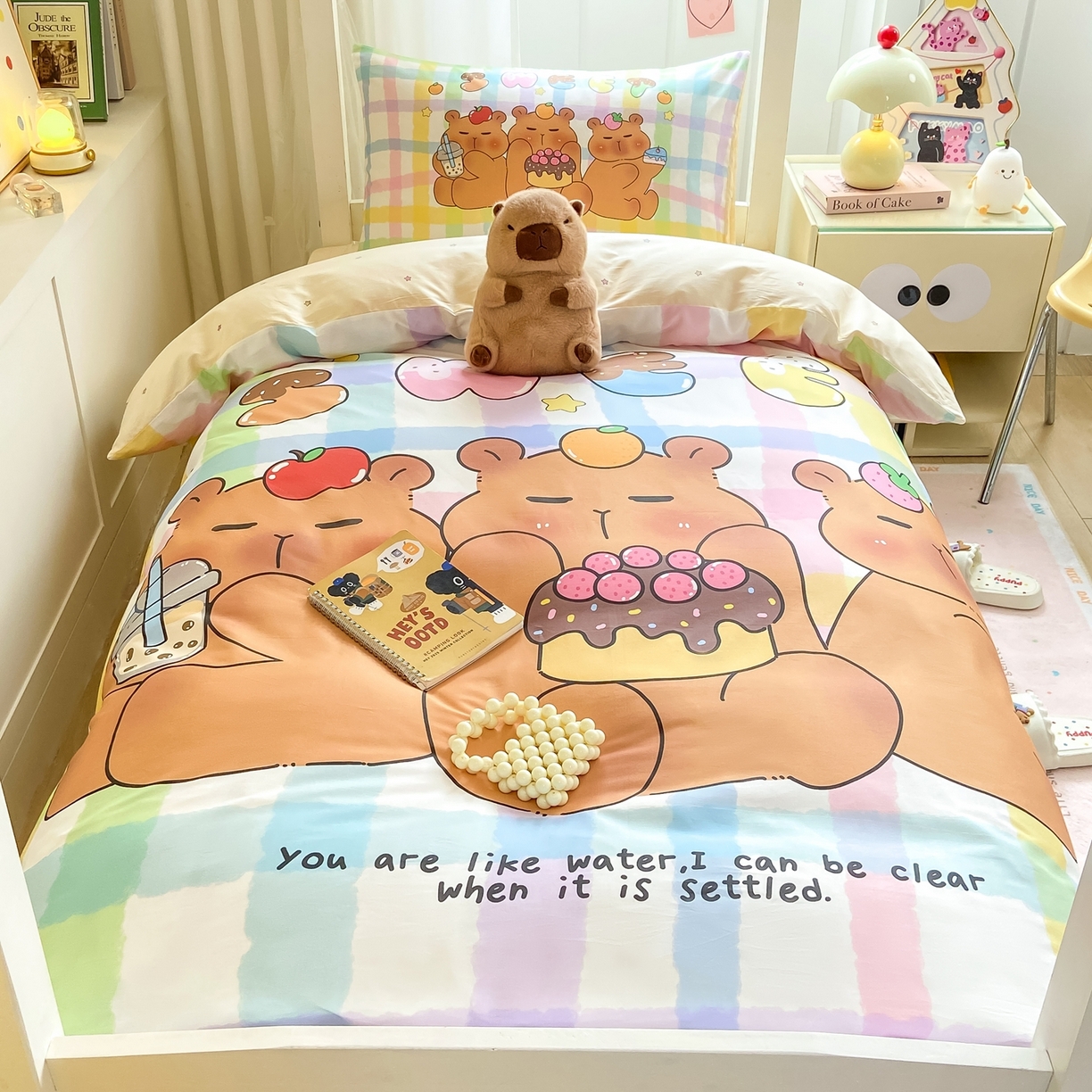 91家纺网 家纺一手货源 找家纺 博雅2025新款卡皮巴拉全棉学生宿舍套件三件套多件套 蛋糕卡皮巴拉