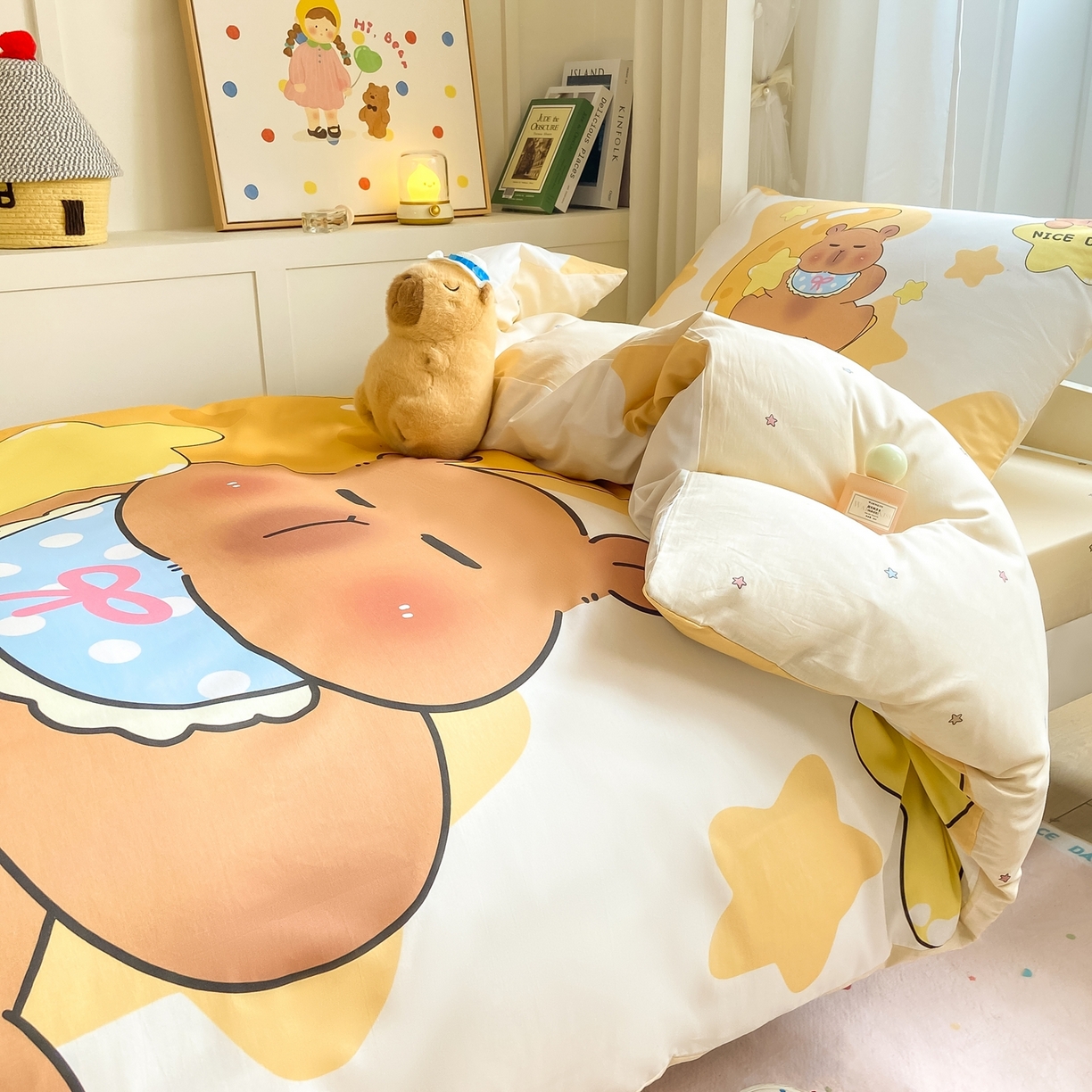 91家纺网 家纺一手货源 找家纺 博雅2025新款卡皮巴拉全棉学生宿舍套件三件套多件套 晚安卡皮巴拉