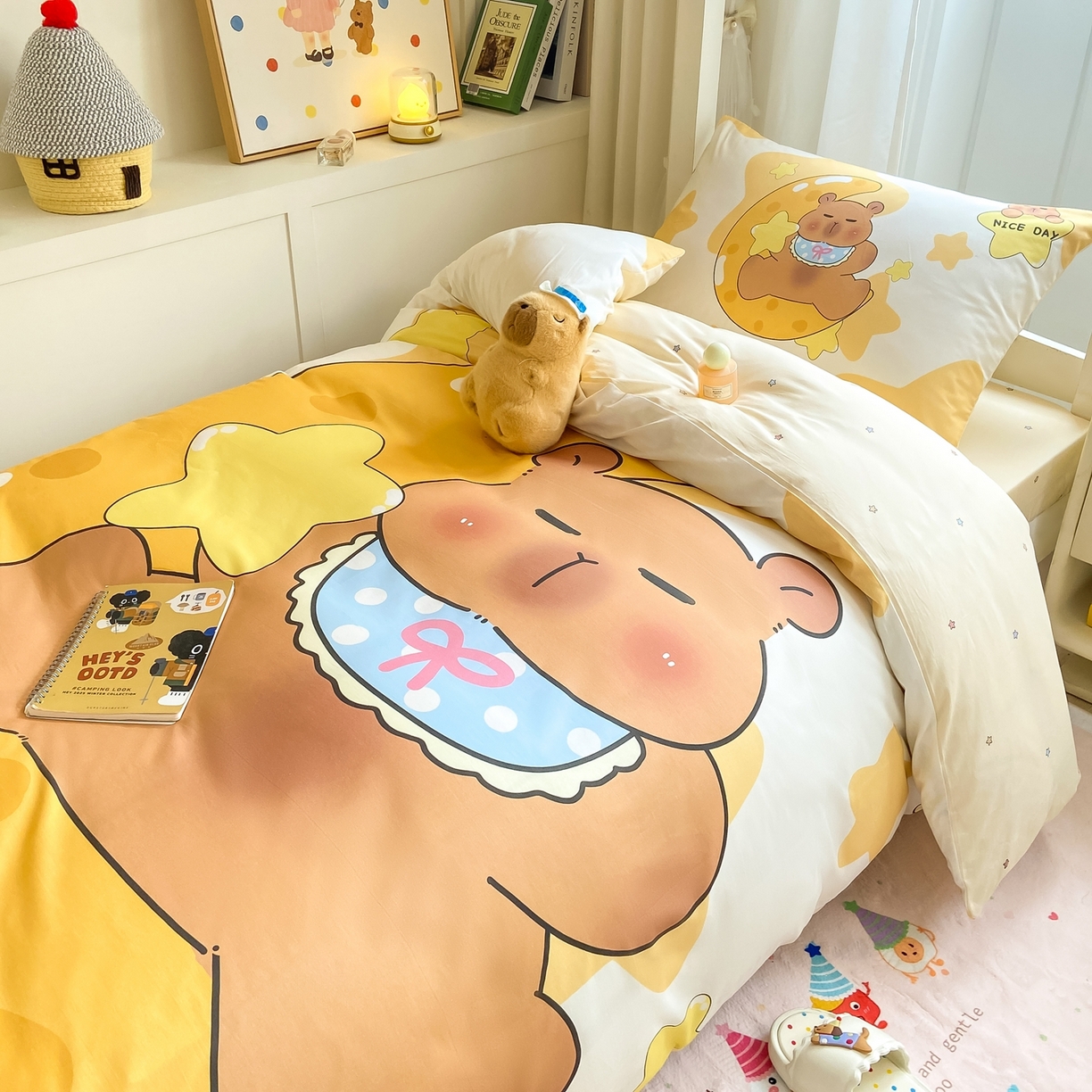 91家纺网 家纺一手货源 找家纺 博雅2025新款卡皮巴拉全棉学生宿舍套件三件套多件套 晚安卡皮巴拉