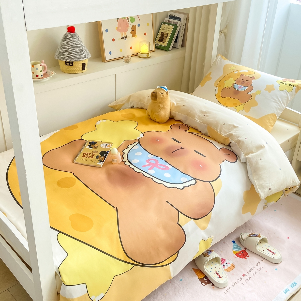 91家纺网 家纺一手货源 找家纺 博雅2025新款卡皮巴拉全棉学生宿舍套件三件套多件套 晚安卡皮巴拉