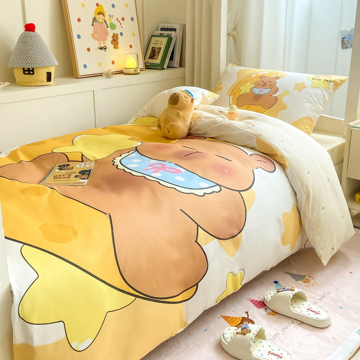 91家纺网 家纺一手货源 找家纺 博雅2025新款卡皮巴拉全棉学生宿舍套件三件套多件套 晚安卡皮巴拉