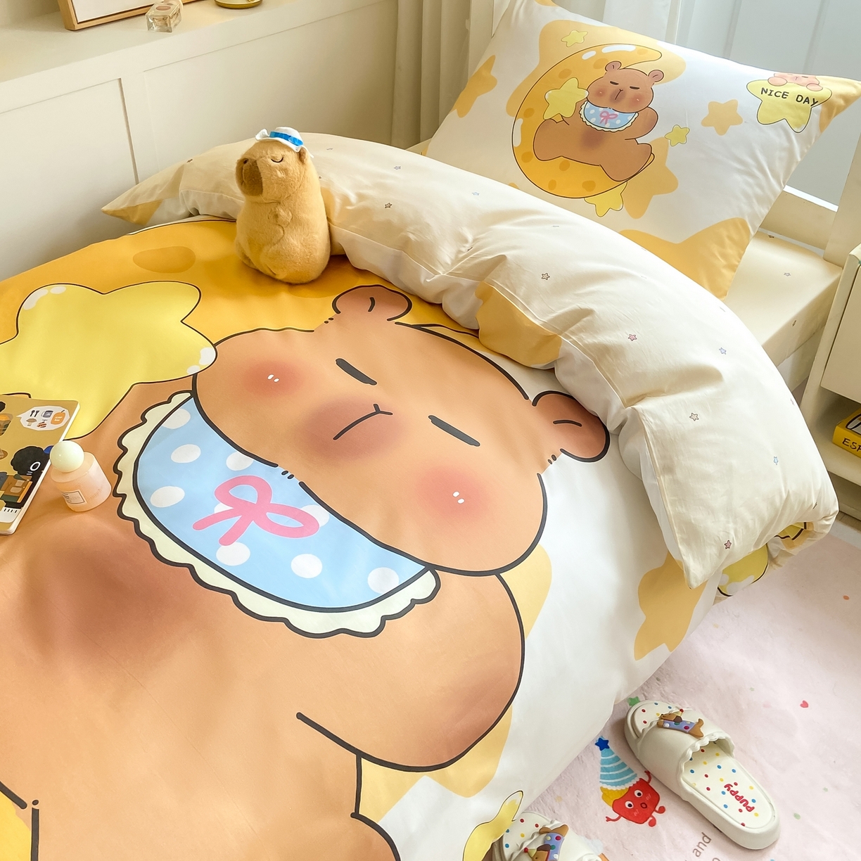 91家纺网 家纺一手货源 找家纺 博雅2025新款卡皮巴拉全棉学生宿舍套件三件套多件套 晚安卡皮巴拉