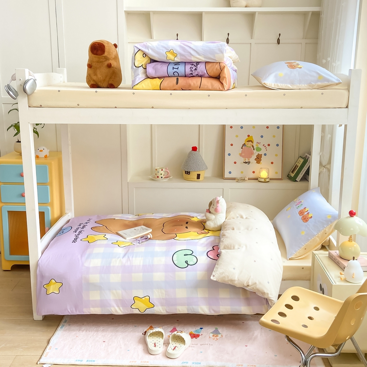 91家纺网 家纺一手货源 找家纺 博雅2025新款卡皮巴拉全棉学生宿舍套件三件套多件套 星星卡皮巴拉