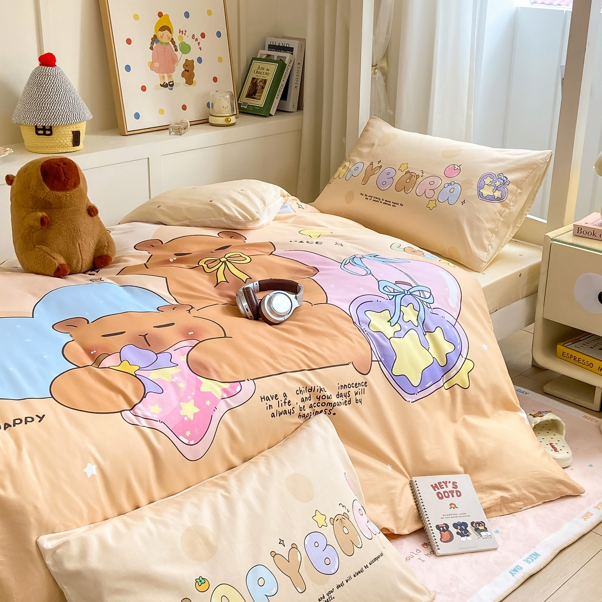 91家纺网 家纺一手货源 找家纺 博雅2025新款卡皮巴拉全棉学生宿舍套件三件套多件套 许愿瓶卡皮巴拉