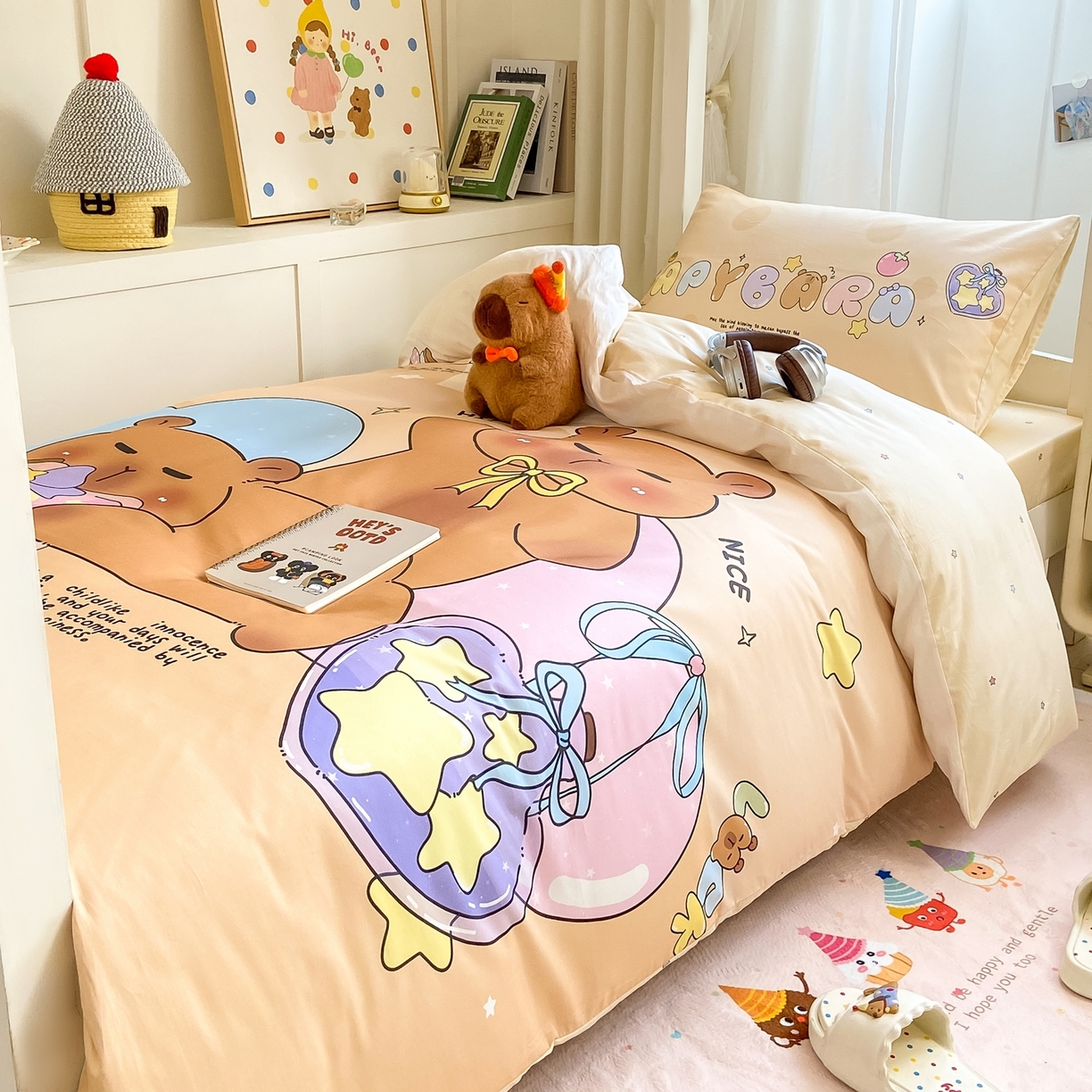 91家纺网 家纺一手货源 找家纺 博雅2025新款卡皮巴拉全棉学生宿舍套件三件套多件套 许愿瓶卡皮巴拉