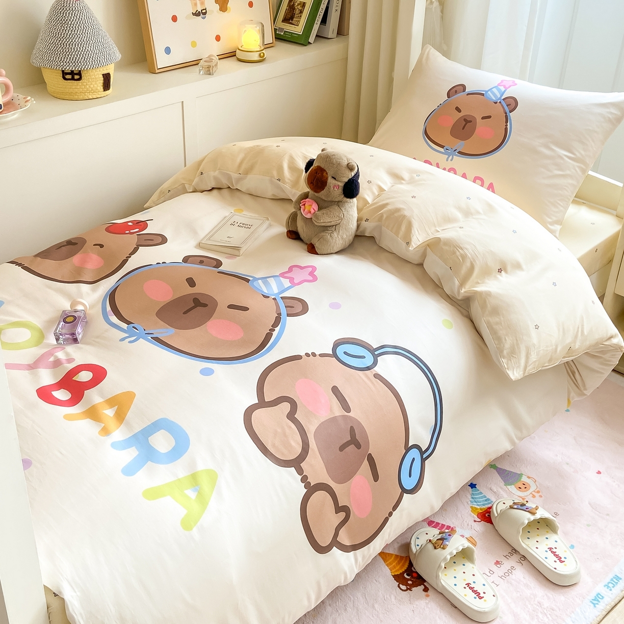 91家纺网 家纺一手货源 找家纺 博雅2025新款卡皮巴拉全棉学生宿舍套件三件套多件套 音乐卡皮巴拉