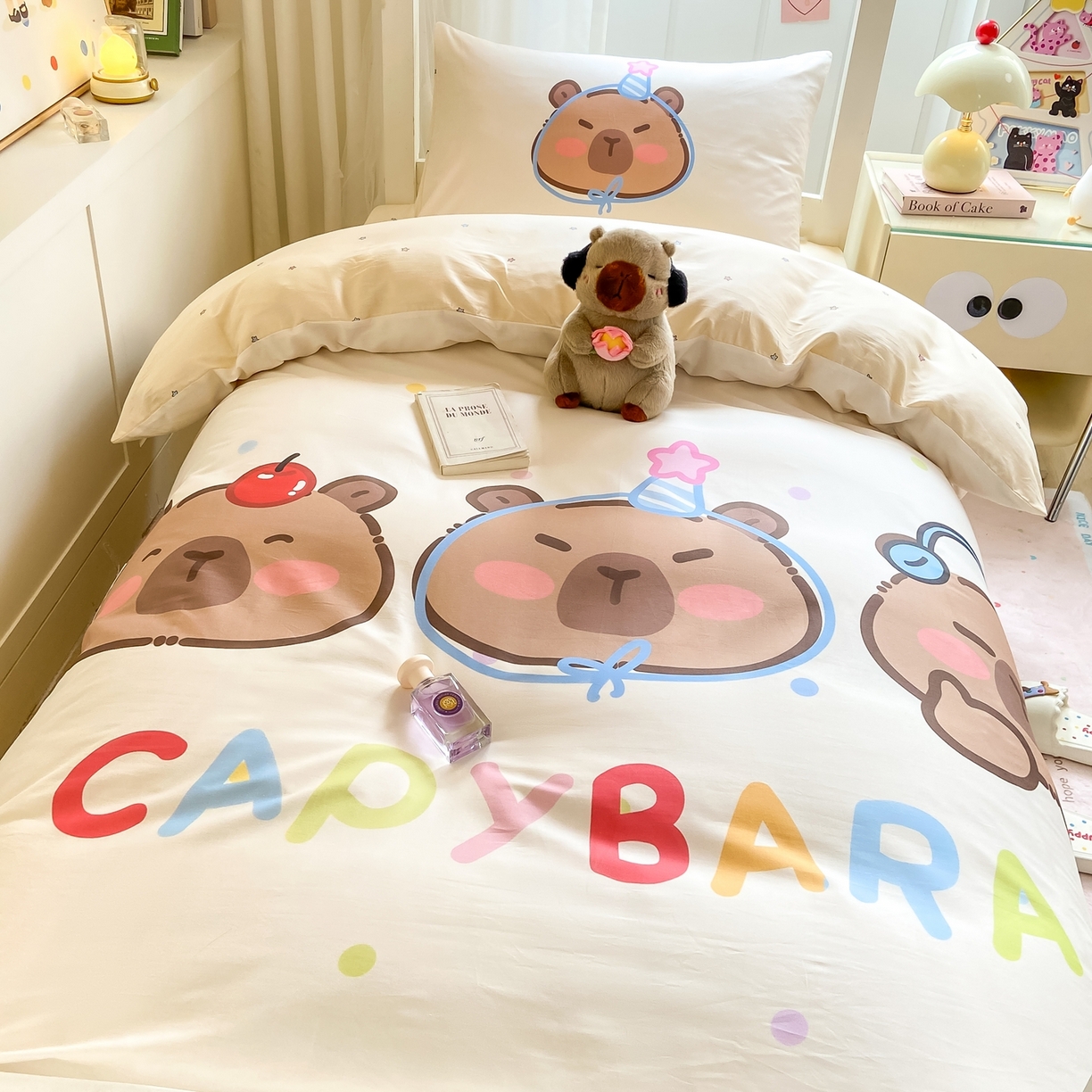 91家纺网 家纺一手货源 找家纺 博雅2025新款卡皮巴拉全棉学生宿舍套件三件套多件套 音乐卡皮巴拉