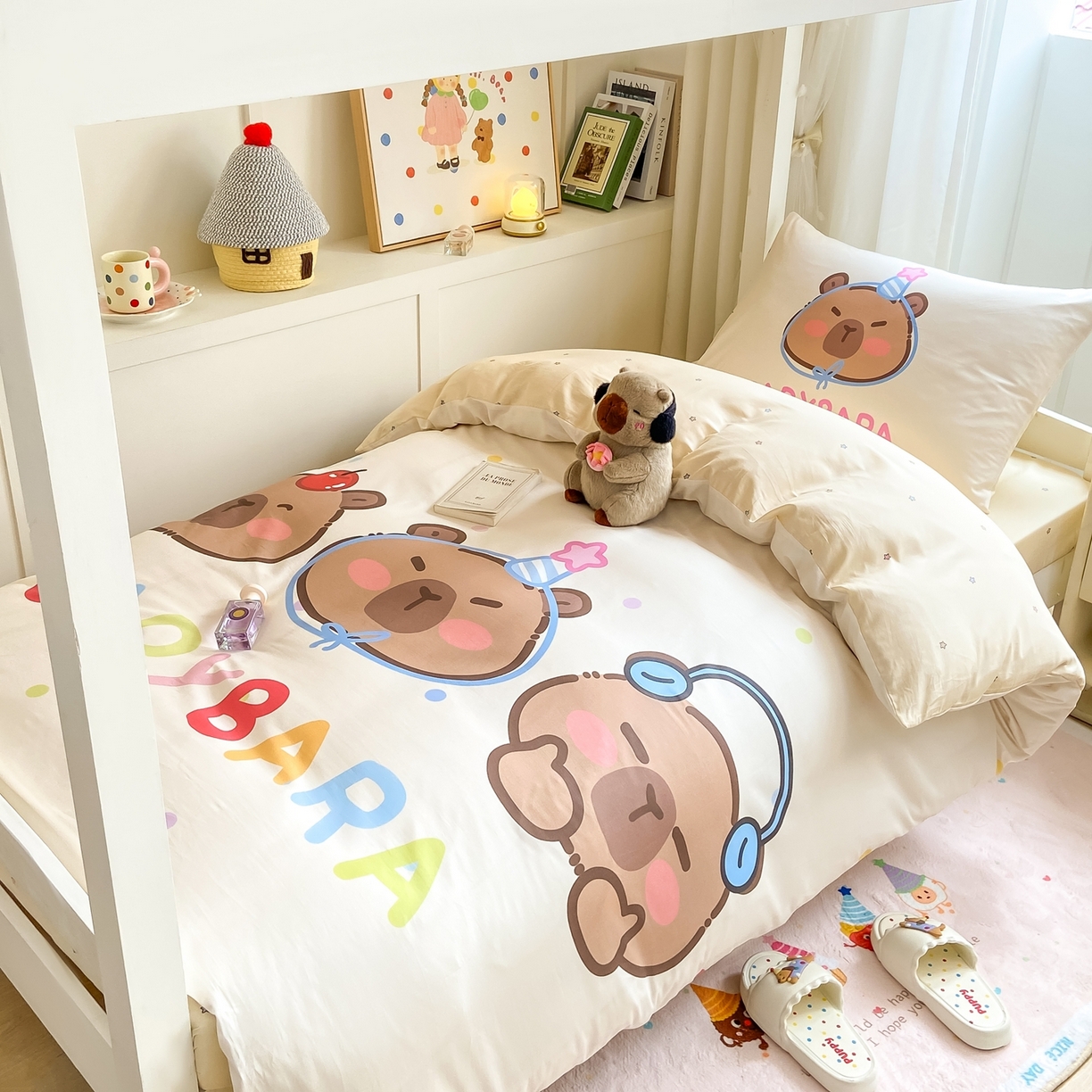 91家纺网 家纺一手货源 找家纺 博雅2025新款卡皮巴拉全棉学生宿舍套件三件套多件套 音乐卡皮巴拉