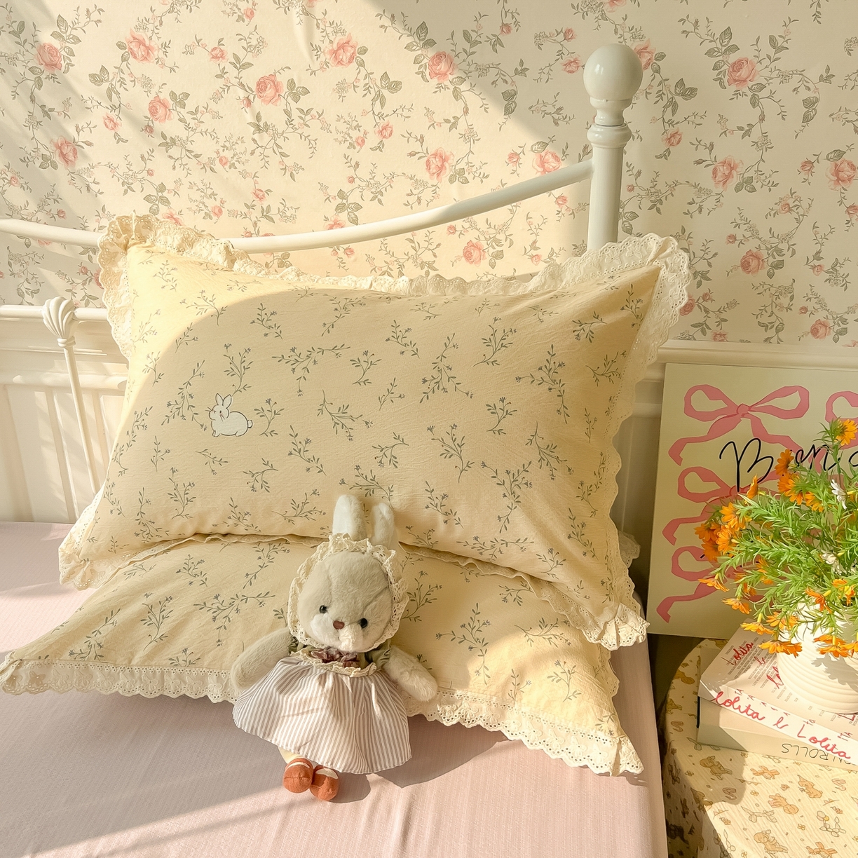 91家纺网 家纺一手货源 找家纺 韩巢家纺 2025新款蝴蝶花边直播热销款四件套开学季韩系学生宿舍床上三件套-（提供卖家秀） 森田野园【蝴蝶花边款】