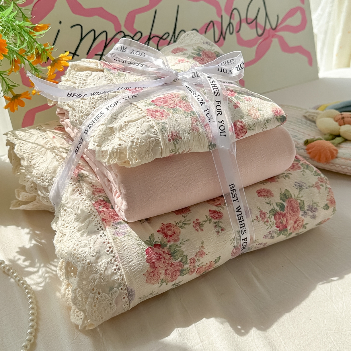 91家纺网 家纺一手货源 找家纺 韩巢家纺 2025新款蝴蝶花边直播热销款四件套开学季韩系学生宿舍床上三件套-（提供卖家秀） 星眠云野【蝴蝶花边款】