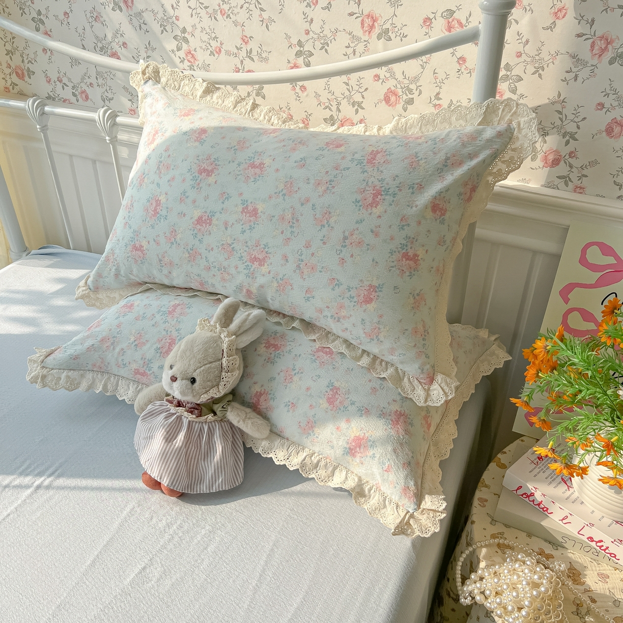 91家纺网 家纺一手货源 找家纺 韩巢家纺 2025新款蝴蝶花边直播热销款四件套开学季韩系学生宿舍床上三件套-（提供卖家秀） 月下清幽【蝴蝶花边款】