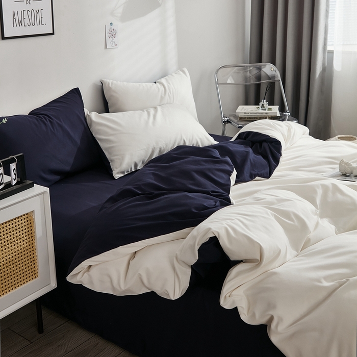 啊雅家居 2025新款ins简约学生宿舍双拼纯色磨毛四件套可订制logo 白加藏青