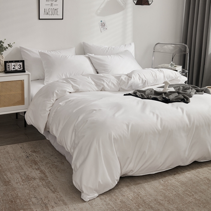 91家纺网 家纺一手货源 找家纺 啊雅家居 2025新款ins简约学生宿舍双拼纯色磨毛四件套可订制logo 白色