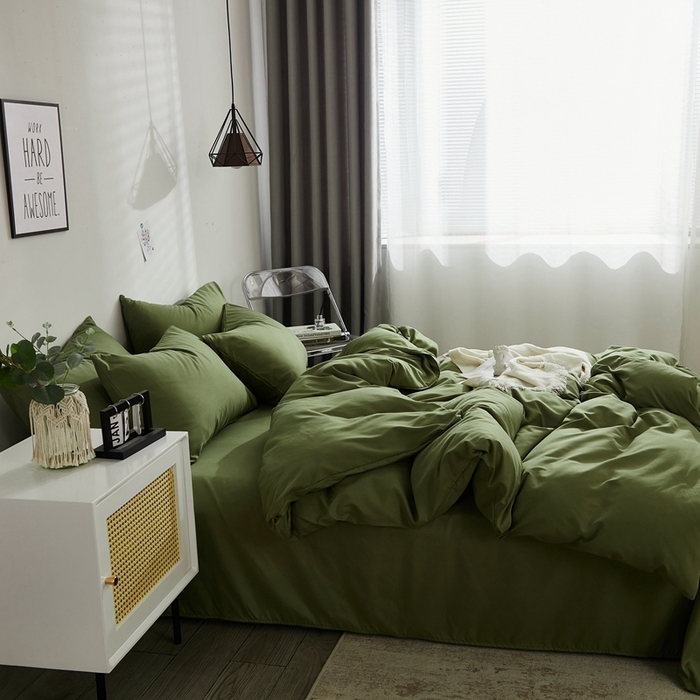 91家纺网 家纺一手货源 找家纺 啊雅家居 2025新款ins简约学生宿舍双拼纯色磨毛四件套可订制logo 草绿