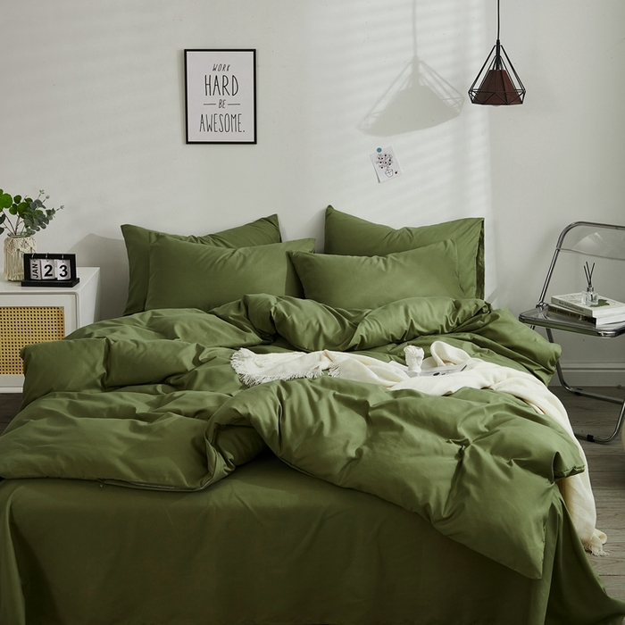 91家纺网 家纺一手货源 找家纺 啊雅家居 2025新款ins简约学生宿舍双拼纯色磨毛四件套可订制logo 草绿