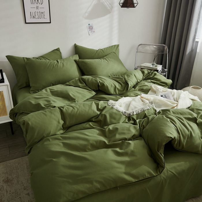 91家纺网 家纺一手货源 找家纺 啊雅家居 2025新款ins简约学生宿舍双拼纯色磨毛四件套可订制logo 草绿