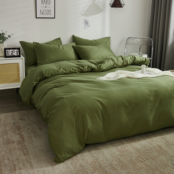 91家纺网 家纺一手货源 找家纺 啊雅家居 2025新款ins简约学生宿舍双拼纯色磨毛四件套可订制logo 草绿