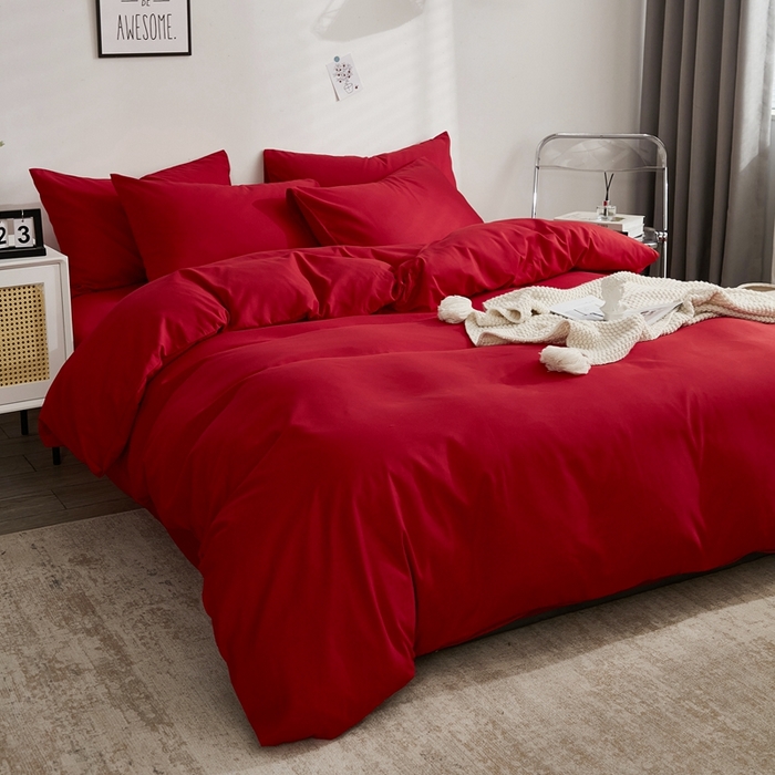 91家纺网 家纺一手货源 找家纺 啊雅家居 2025新款ins简约学生宿舍双拼纯色磨毛四件套可订制logo 红色