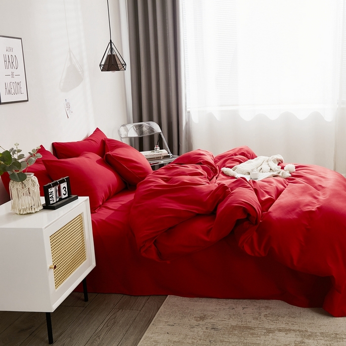 91家纺网 家纺一手货源 找家纺 啊雅家居 2025新款ins简约学生宿舍双拼纯色磨毛四件套可订制logo 红色