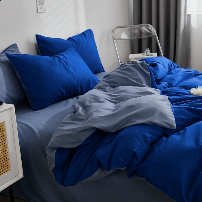 啊雅家居 2025新款ins简约学生宿舍双拼纯色磨毛四件套可订制logo 克莱因蓝加浅蓝灰