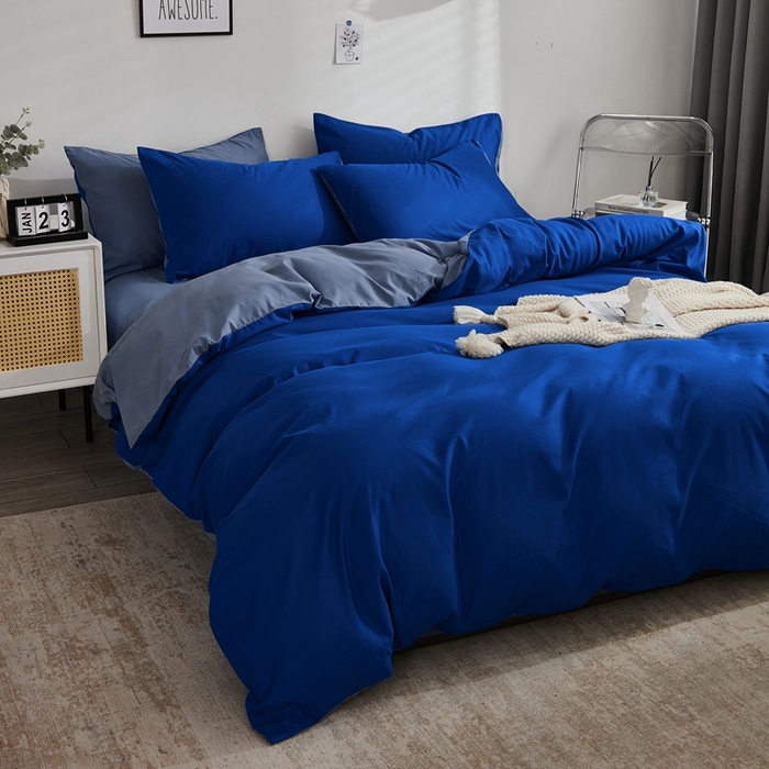 91家纺网 家纺一手货源 找家纺 啊雅家居 2025新款ins简约学生宿舍双拼纯色磨毛四件套可订制logo 克莱因蓝加浅蓝灰