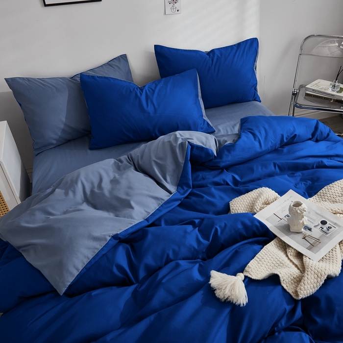 91家纺网 家纺一手货源 找家纺 啊雅家居 2025新款ins简约学生宿舍双拼纯色磨毛四件套可订制logo 克莱因蓝加浅蓝灰