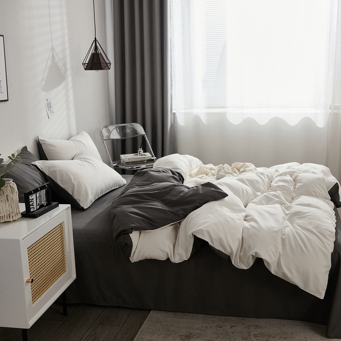 91家纺网 家纺一手货源 找家纺 啊雅家居 2025新款ins简约学生宿舍双拼纯色磨毛四件套可订制logo 米白加深灰