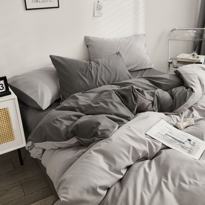 91家纺网 家纺一手货源 找家纺 啊雅家居 2025新款ins简约学生宿舍双拼纯色磨毛四件套可订制logo 浅灰加深灰