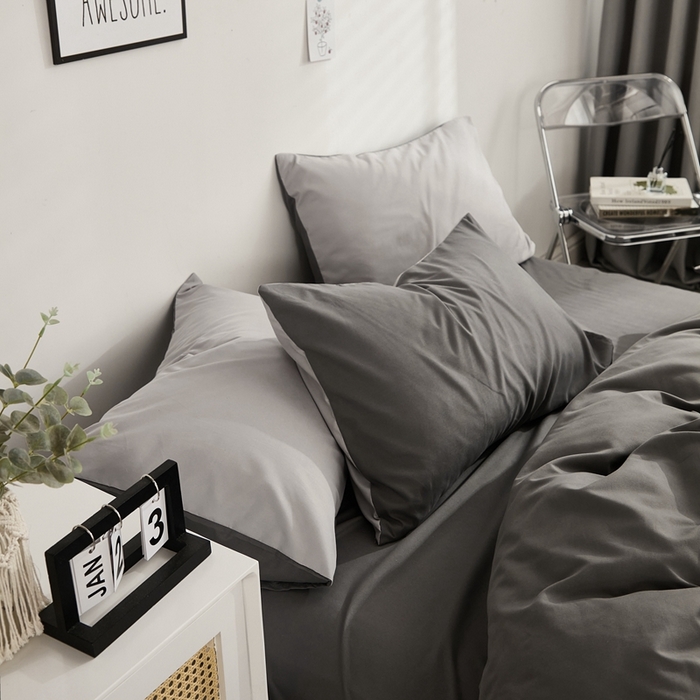 91家纺网 家纺一手货源 找家纺 啊雅家居 2025新款ins简约学生宿舍双拼纯色磨毛四件套可订制logo 浅灰加深灰