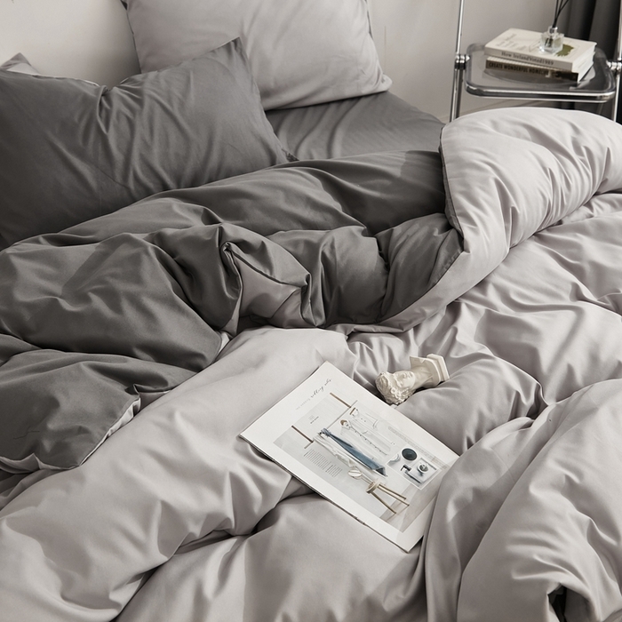 91家纺网 家纺一手货源 找家纺 啊雅家居 2025新款ins简约学生宿舍双拼纯色磨毛四件套可订制logo 浅灰加深灰