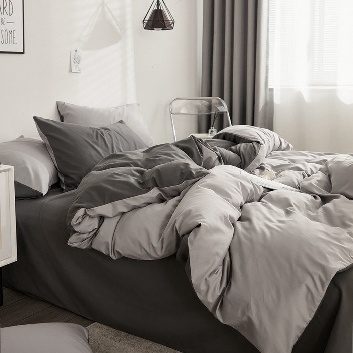 91家纺网 家纺一手货源 找家纺 啊雅家居 2025新款ins简约学生宿舍双拼纯色磨毛四件套可订制logo 浅灰加深灰