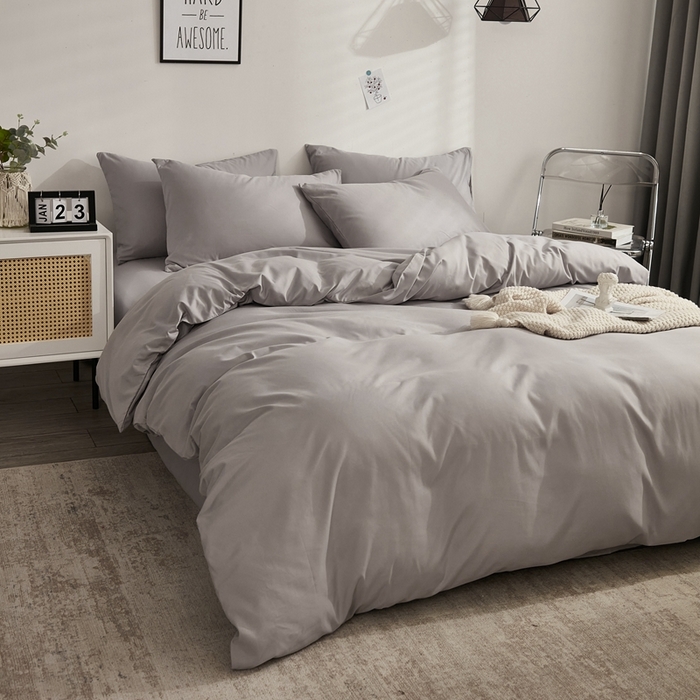 91家纺网 家纺一手货源 找家纺 啊雅家居 2025新款ins简约学生宿舍双拼纯色磨毛四件套可订制logo 浅灰