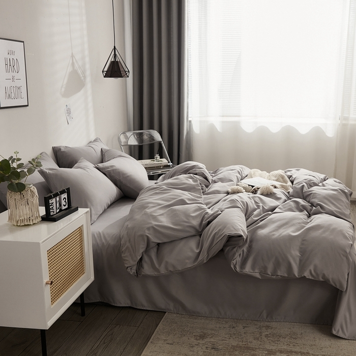 91家纺网 家纺一手货源 找家纺 啊雅家居 2025新款ins简约学生宿舍双拼纯色磨毛四件套可订制logo 浅灰