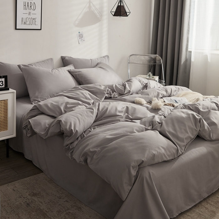 91家纺网 家纺一手货源 找家纺 啊雅家居 2025新款ins简约学生宿舍双拼纯色磨毛四件套可订制logo 浅灰