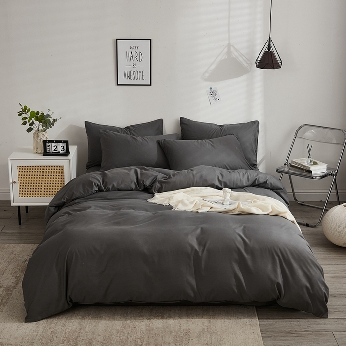 91家纺网 家纺一手货源 找家纺 啊雅家居 2025新款ins简约学生宿舍双拼纯色磨毛四件套可订制logo 深灰