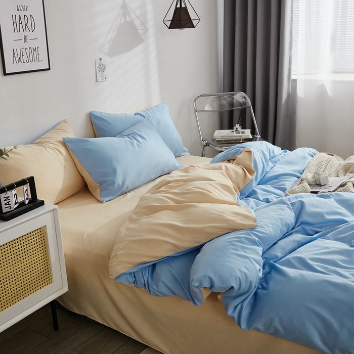 啊雅家居 2025新款ins简约学生宿舍双拼纯色磨毛四件套可订制logo 天空兰加黄