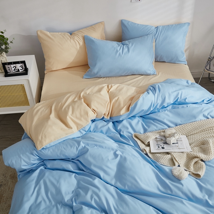 91家纺网 家纺一手货源 找家纺 啊雅家居 2025新款ins简约学生宿舍双拼纯色磨毛四件套可订制logo 天空兰加黄