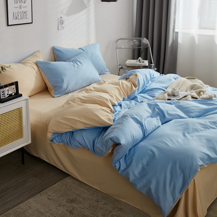 91家纺网 家纺一手货源 找家纺 啊雅家居 2025新款ins简约学生宿舍双拼纯色磨毛四件套可订制logo 天空兰加黄