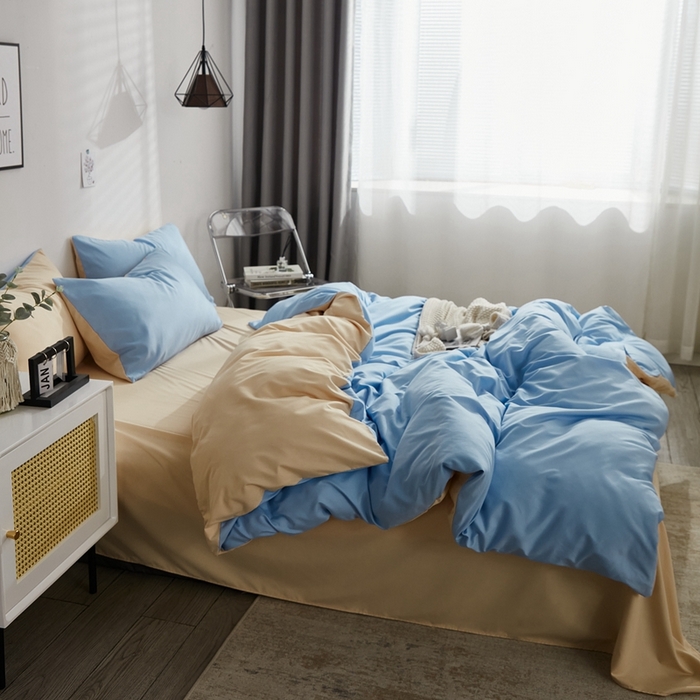 91家纺网 家纺一手货源 找家纺 啊雅家居 2025新款ins简约学生宿舍双拼纯色磨毛四件套可订制logo 天空兰加黄